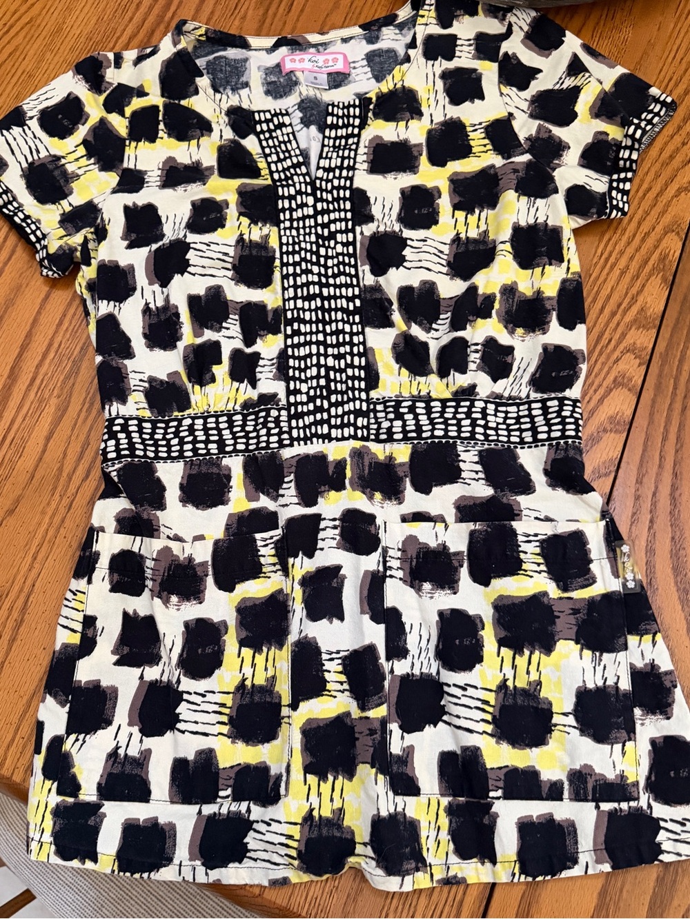 koi Black, White & Yellow Graphic Print Medical Scrub Top